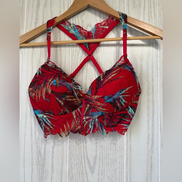 Pink Victoria's Secret Red Tropical Print Lace Date Bra No Underwire Size M LNC - Picture 1 of 4